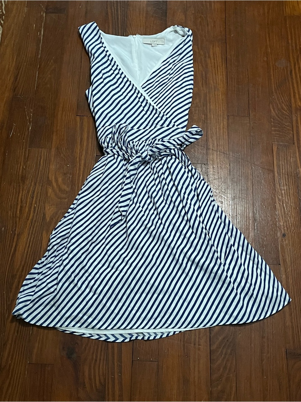 LOFT Navy & White Diagonal Stripe Wrap Midi Dress